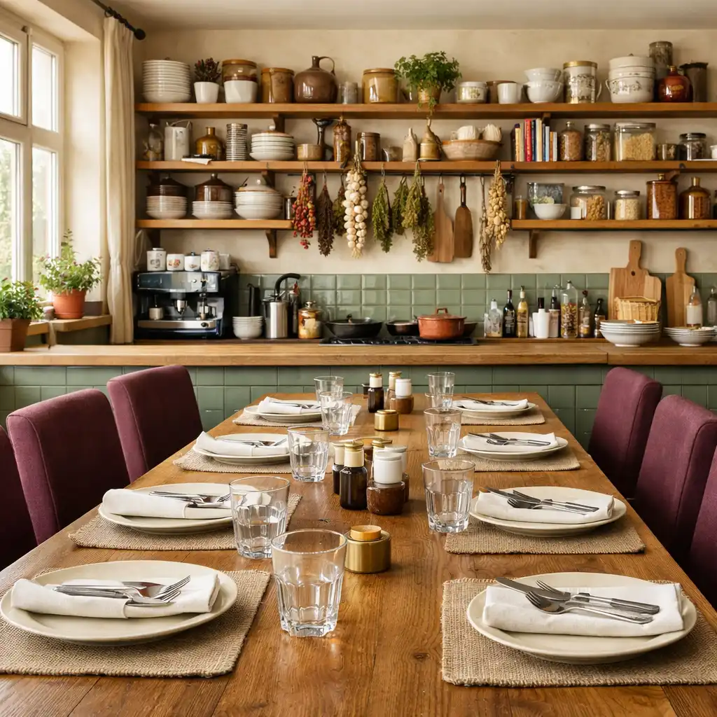 Hlavní sál restaurace Kulinářská Talírna s otevřenými kuchyňskými policemi