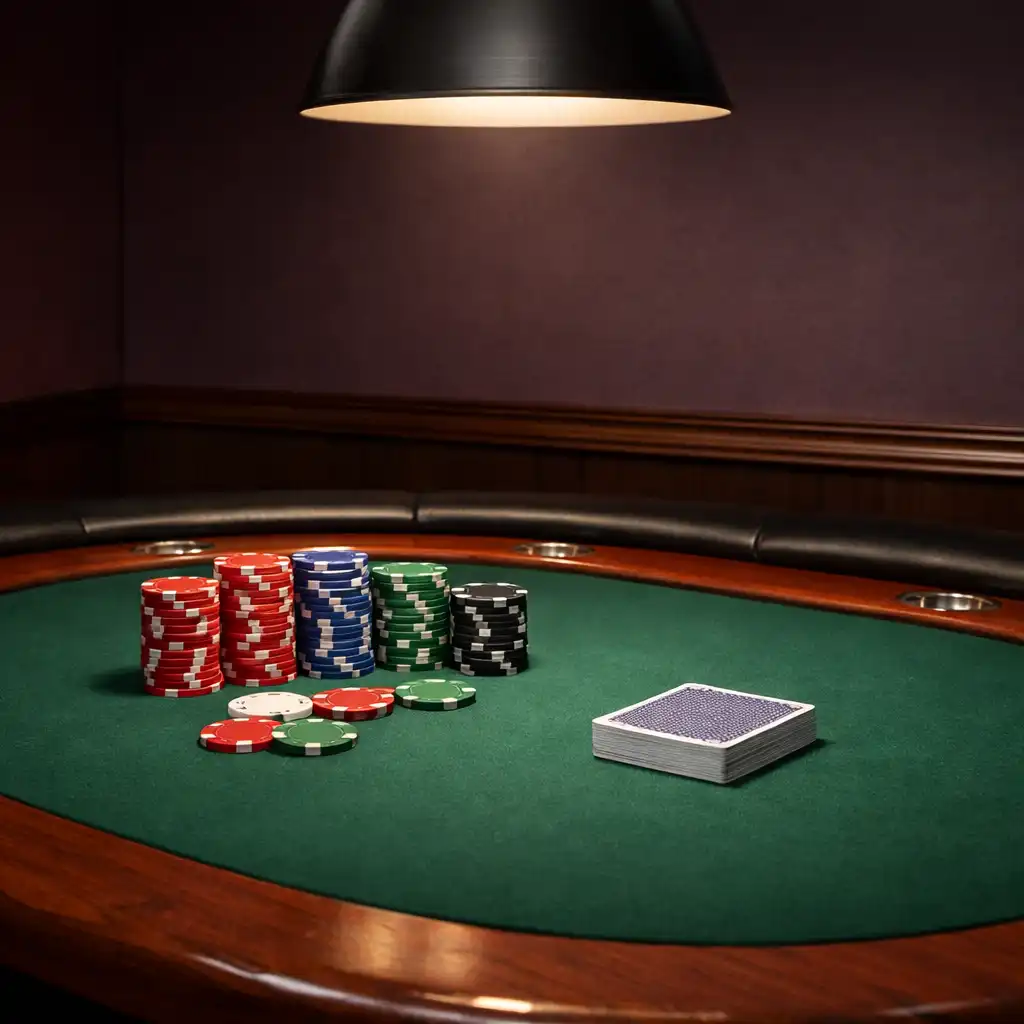 Pokerový stůl s žetony a kartami v oddělené Poker Room