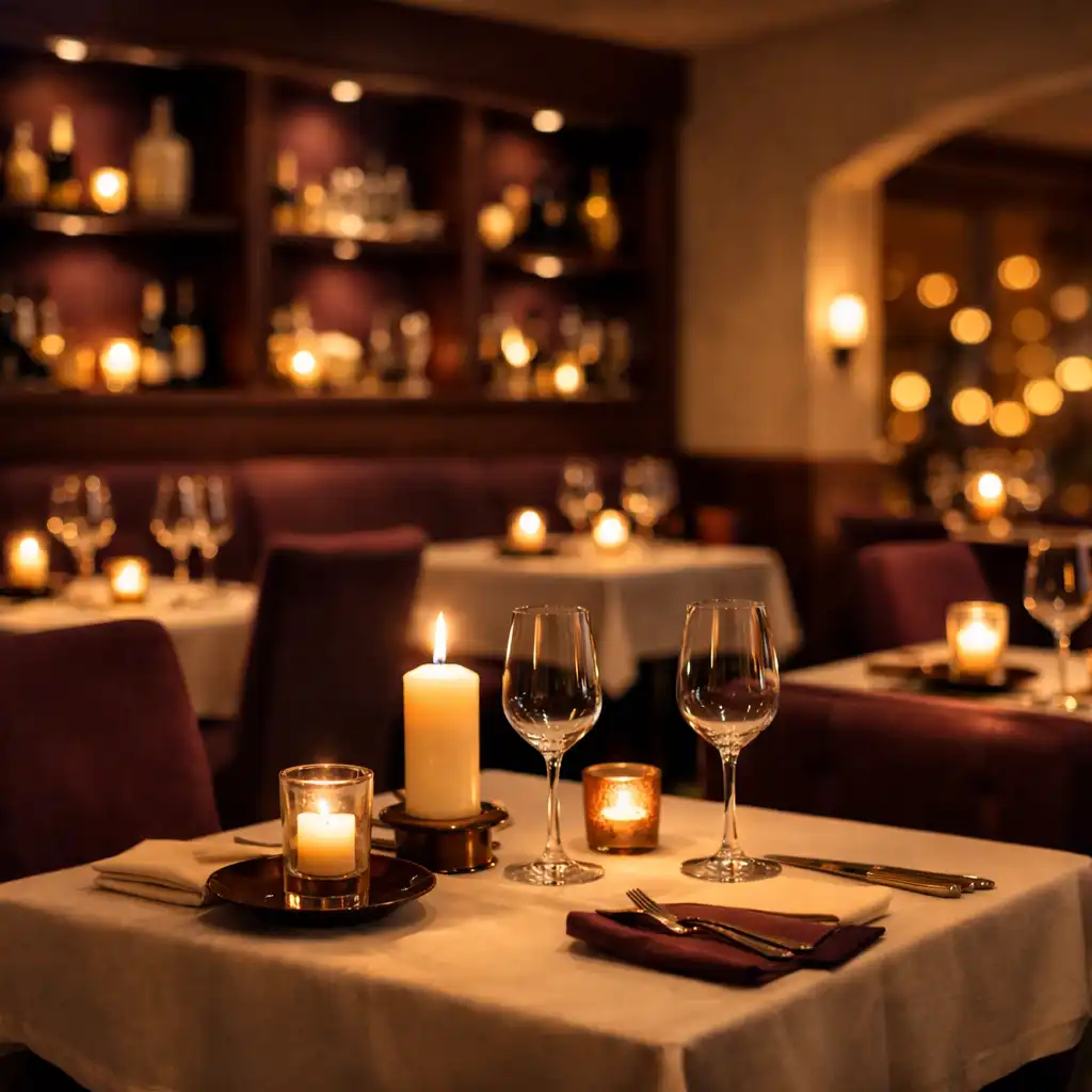 Večerní atmosféra restaurace se ztlumeným osvětlením a svíčkami na stolech