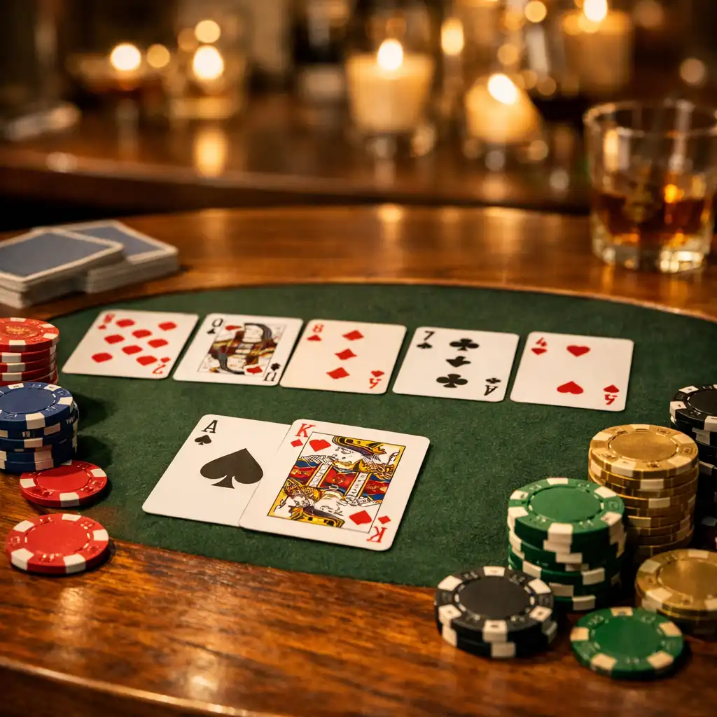 Pokerový stůl s kartami a žetony v teplém světle restaurace Kulinářská Talírna