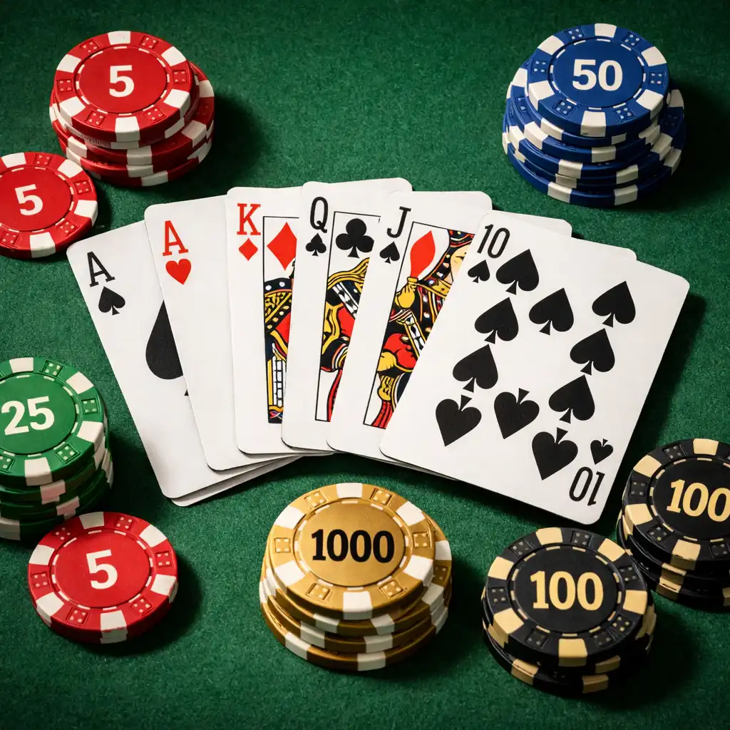 Detail pokerových karet a žetonů na zeleném plátně stolu