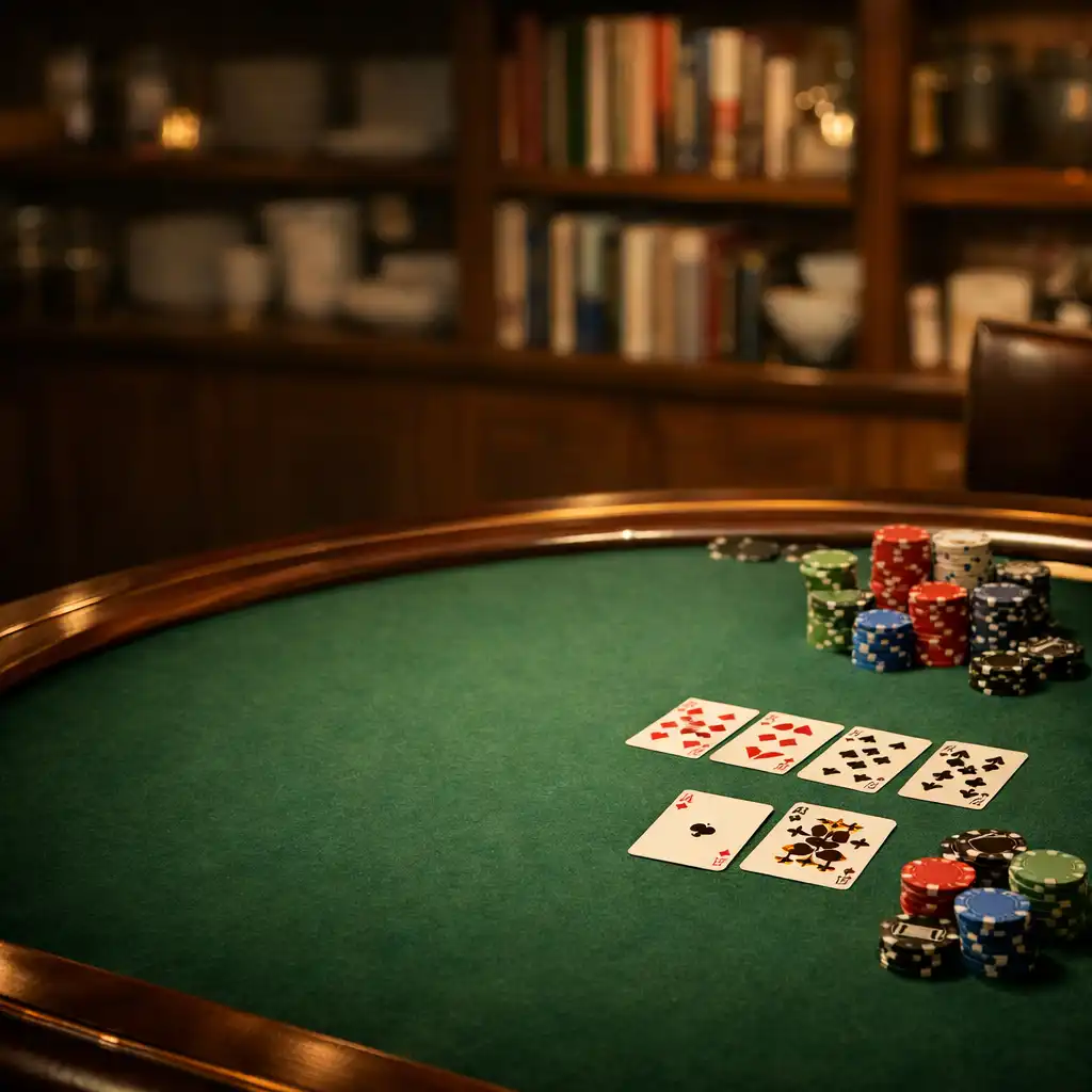 Pokerový stůl s kartami a žetony v teplém osvětlení