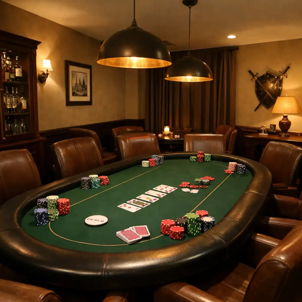 Interiér Poker Room v Kulinářské Talírně s pokerovým stolem, kartami a žetony