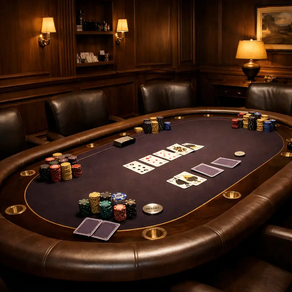 Poker Room s profesionálním pokerovým stolem, židlemi, kartami a žetony