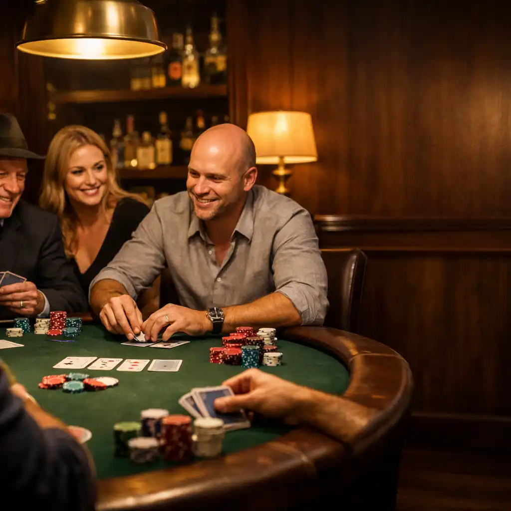 Soukromý pokerový stůl v odděleném salonku restaurace s hráči, kartami a žetony