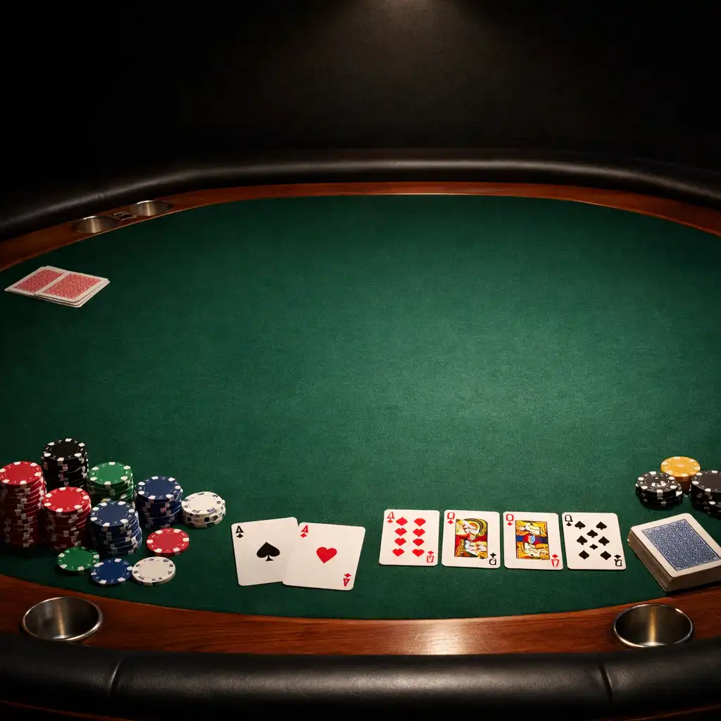 Elegantní pokerový stůl s fyzickými kartami a žetony v Poker Room Kulinářské Talírny