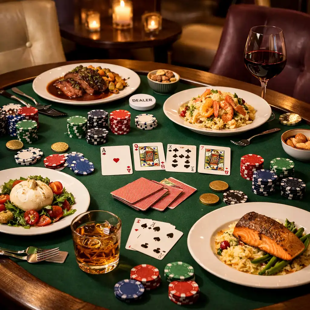 Pokerový stůl v restauraci s talíři jídla, kartami a žetony
