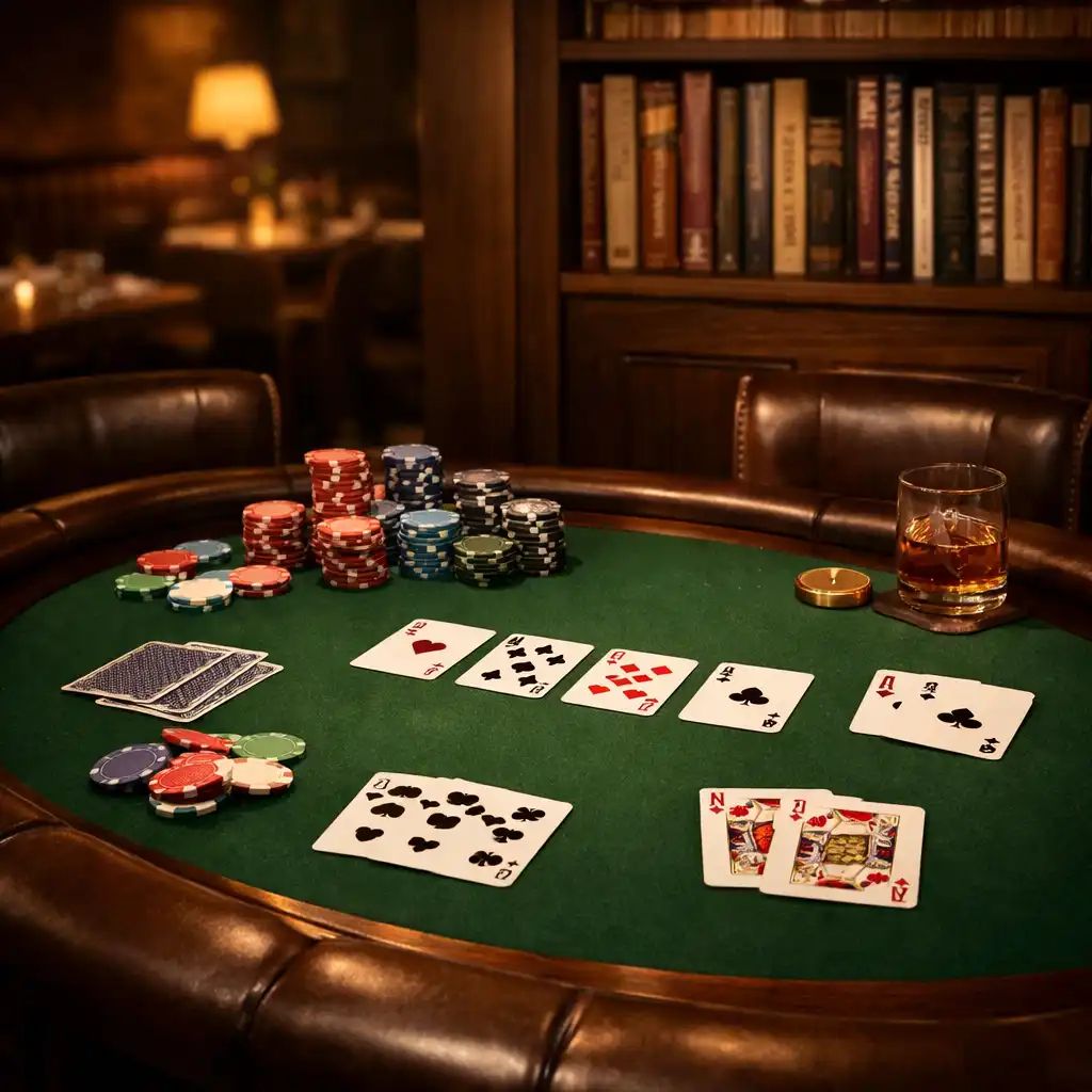Elegantní pokerový stůl v restauraci s tmavým dřevem, zeleným plstěným povrchem, profesionálními kartami a žetony